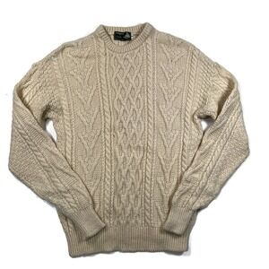 Inisfree Ivory Fisherman Sweater Mens Medium Ireland Cable Knit 100% Wool Crew